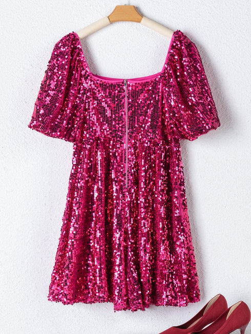 Rose Red Sequin Babydoll Romper with Puff Sleeves