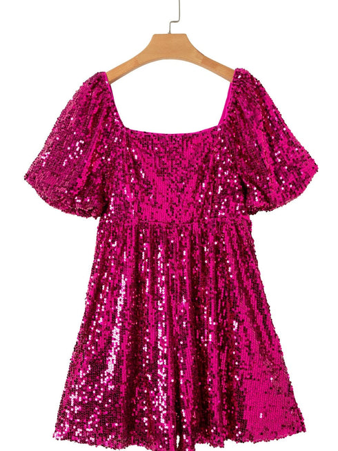 Rose Red Sequin Babydoll Romper with Puff Sleeves
