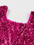 Rose Red Sequin Babydoll Romper with Puff Sleeves