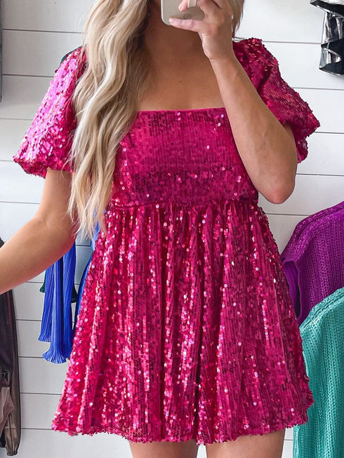 Rose Red Sequin Babydoll Romper with Puff Sleeves