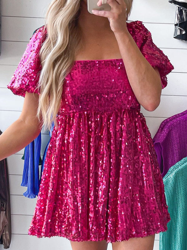 Rose Red Sequin Babydoll Romper with Puff Sleeves