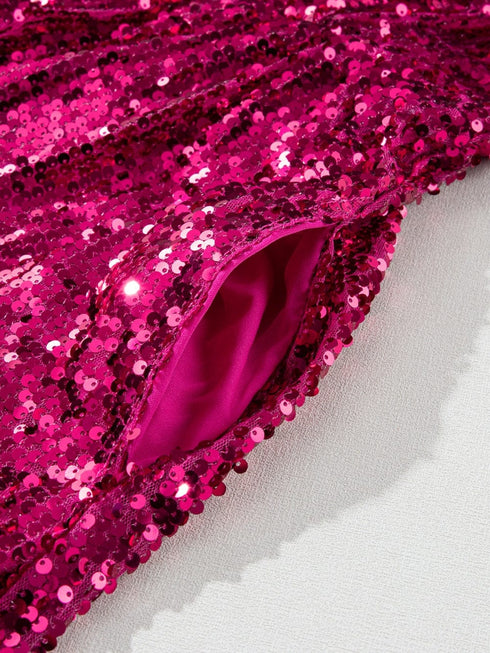 Rose Red Sequin Babydoll Romper with Puff Sleeves