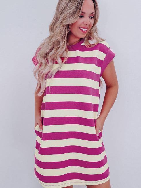 Rose Striped Cap Sleeve Pocket Shift T-shirt Dress