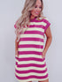 Rose Striped Cap Sleeve Pocket Shift T-shirt Dress