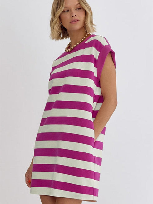 Rose Striped Cap Sleeve Pocket Shift T-shirt Dress
