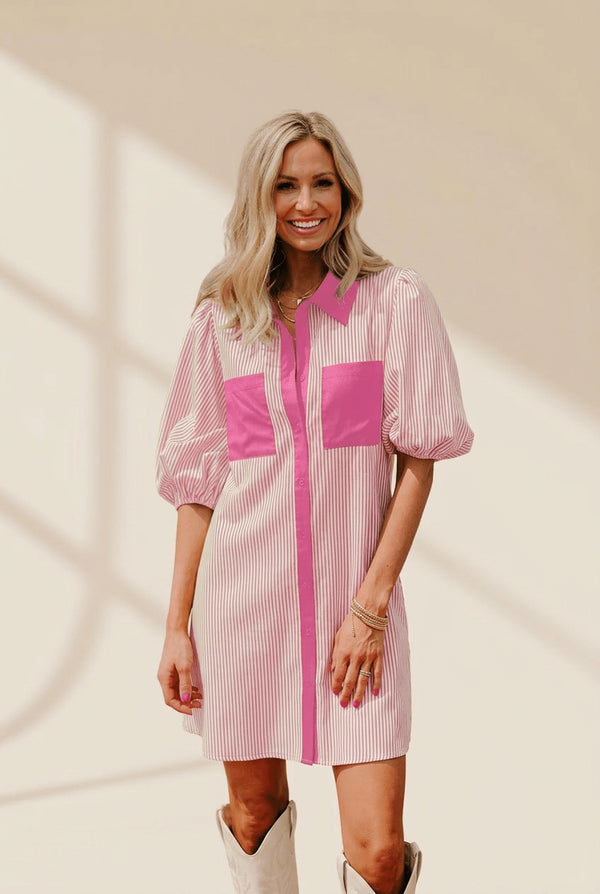 Women's Rose Striped Color Block Puff Sleeve Shirt Dress