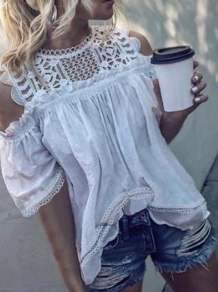 Round Neck Off Shoulder Cut-out Short Sleeve T Shirt