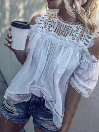 Round Neck Off Shoulder Cut-out Short Sleeve T Shirt