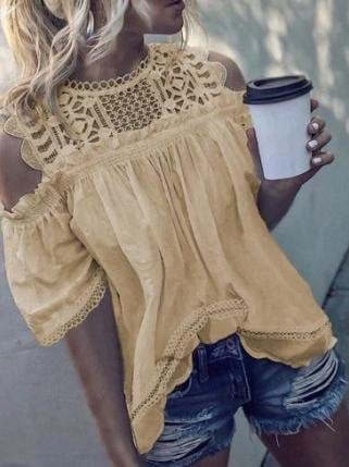 Round Neck Off Shoulder Cut-out Short Sleeve T Shirt