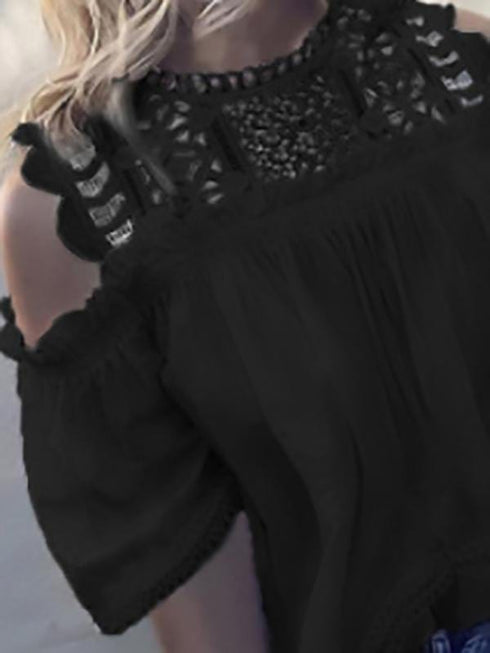 Round Neck Off Shoulder Cut-out Short Sleeve T Shirt