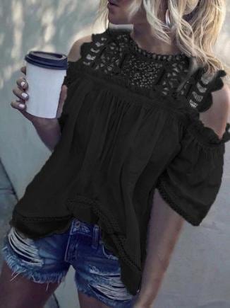 Round Neck Off Shoulder Cut-out Short Sleeve T Shirt