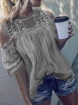Round Neck Off Shoulder Cut-out Short Sleeve T Shirt