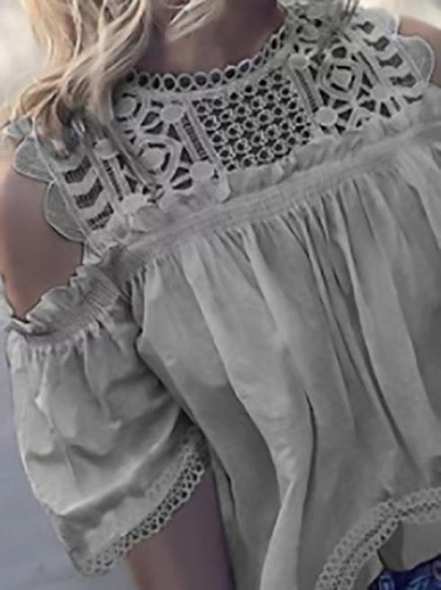 Round Neck Off Shoulder Cut-out Short Sleeve T Shirt