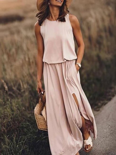 Round Neck Solid Color Sleeveless Split Dress