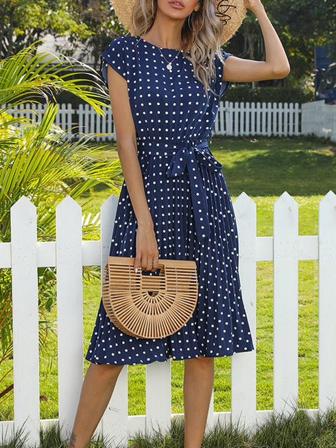 Round Neck Tie Polka Dot Pleated Short Sleeve Midi Dress