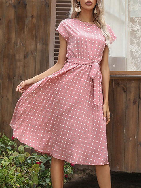 Round Neck Tie Polka Dot Pleated Short Sleeve Midi Dress