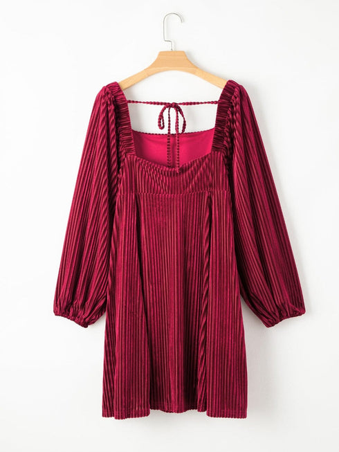Ruby Velvet Square Neck Babydoll Dress with Tie Back