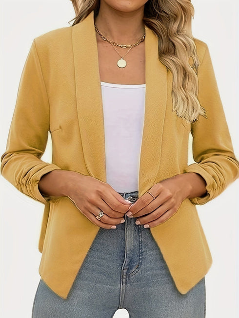 Ruched Solid Color Open-Front Buttonless Placket Casual Blazer