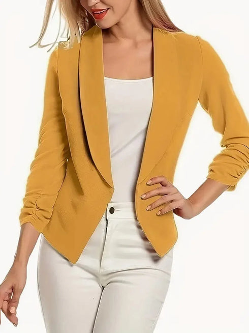Ruched Solid Color Open-Front Buttonless Placket Casual Blazer