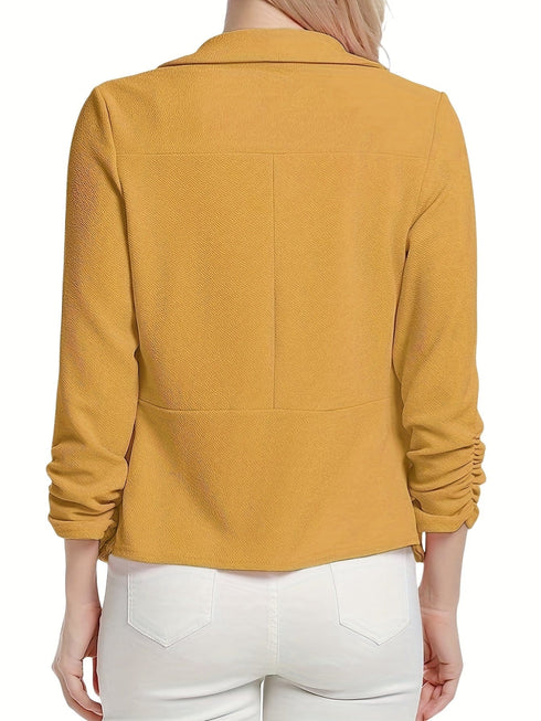 Ruched Solid Color Open-Front Buttonless Placket Casual Blazer