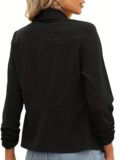 Ruched Solid Color Open-Front Buttonless Placket Casual Blazer