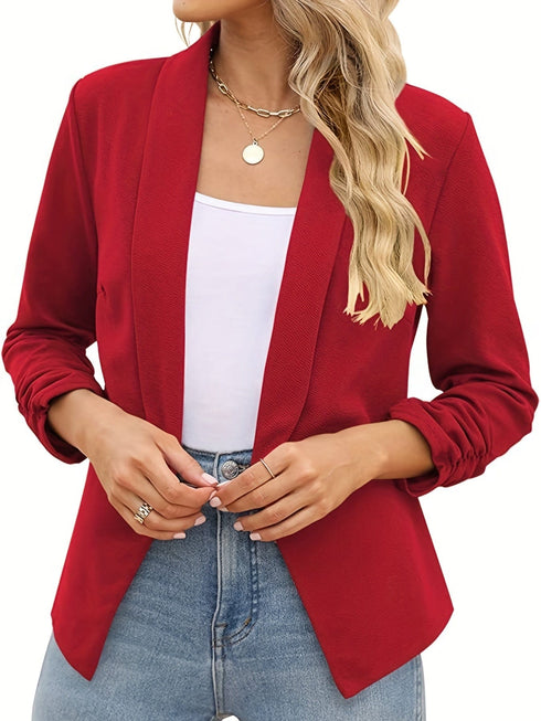 Ruched Solid Color Open-Front Buttonless Placket Casual Blazer