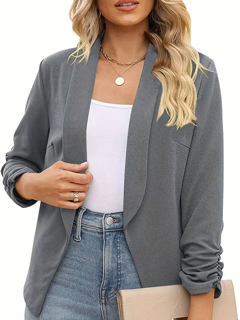 Ruched Solid Color Open-Front Buttonless Placket Casual Blazer