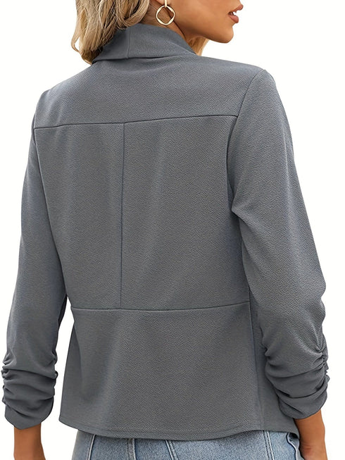 Ruched Solid Color Open-Front Buttonless Placket Casual Blazer