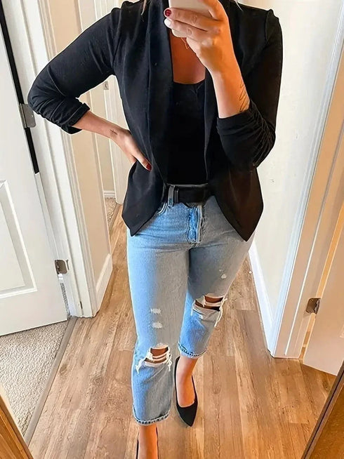 Ruched Solid Color Open-Front Buttonless Placket Casual Blazer