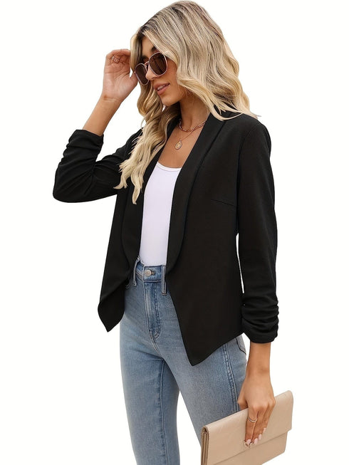 Ruched Solid Color Open-Front Buttonless Placket Casual Blazer