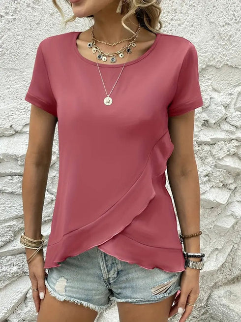 Ruffled Hem Tee with Crew Neck, Short Sleeves - Women's Casual Spring & Summer Top