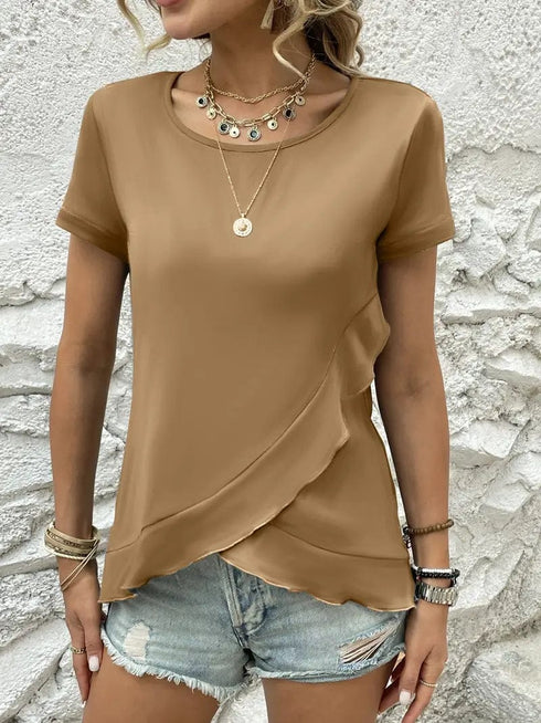 Ruffled Hem Tee with Crew Neck, Short Sleeves - Women's Casual Spring & Summer Top