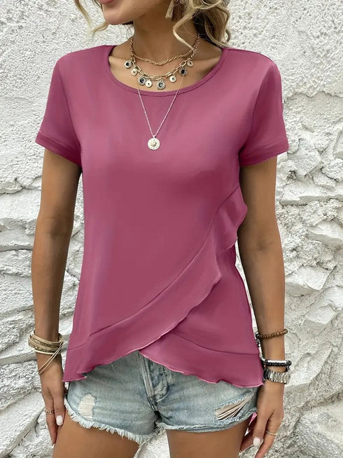Ruffled Hem Tee with Crew Neck, Short Sleeves - Women's Casual Spring & Summer Top