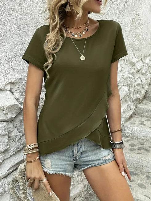 Ruffled Hem Tee with Crew Neck, Short Sleeves - Women's Casual Spring & Summer Top
