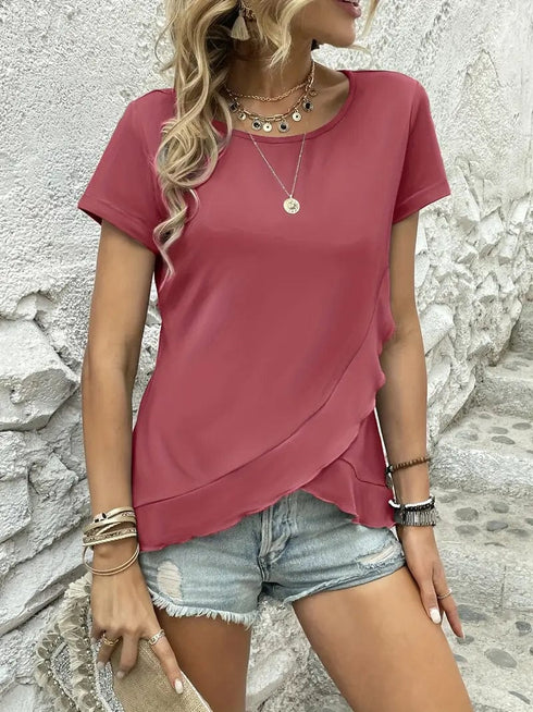 Ruffled Hem Tee with Crew Neck, Short Sleeves - Women's Casual Spring & Summer Top
