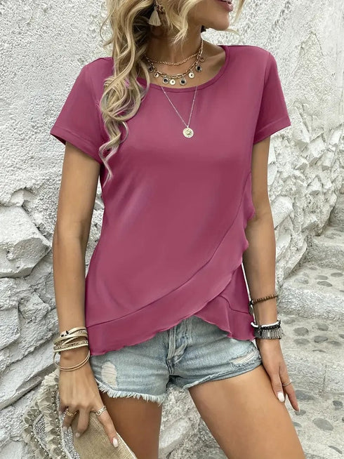 Ruffled Hem Tee with Crew Neck, Short Sleeves - Women's Casual Spring & Summer Top