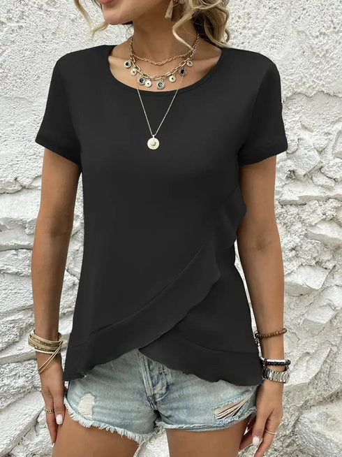 Ruffled Hem Tee with Crew Neck, Short Sleeves - Women's Casual Spring & Summer Top