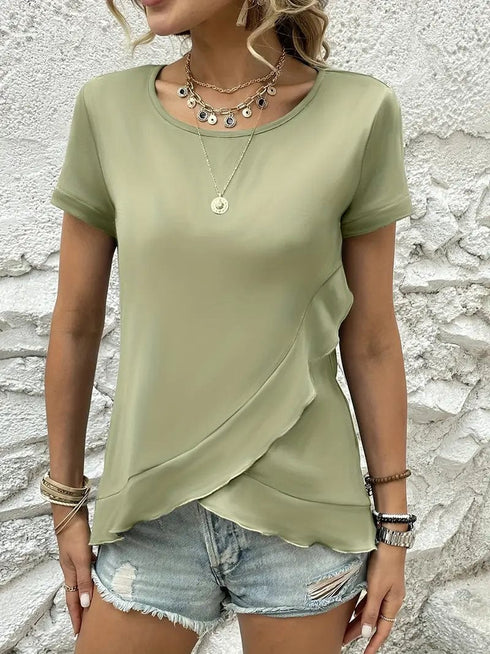 Ruffled Hem Tee with Crew Neck, Short Sleeves - Women's Casual Spring & Summer Top