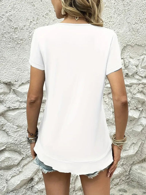 Ruffled Hem Tee with Crew Neck, Short Sleeves - Women's Casual Spring & Summer Top