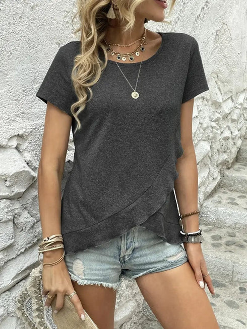 Ruffled Hem Tee with Crew Neck, Short Sleeves - Women's Casual Spring & Summer Top
