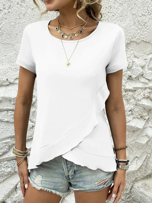 Ruffled Hem Tee with Crew Neck, Short Sleeves - Women's Casual Spring & Summer Top
