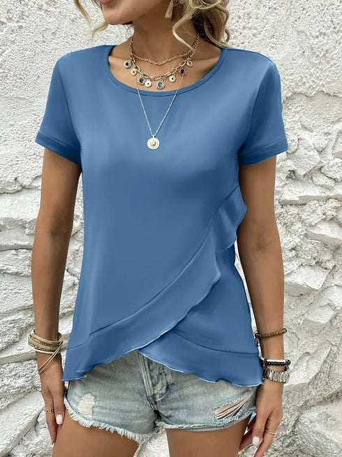 Ruffled Hem Tee with Crew Neck, Short Sleeves - Women's Casual Spring & Summer Top