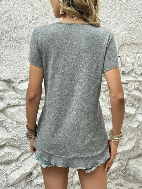 Ruffled Hem Tee with Crew Neck, Short Sleeves - Women's Casual Spring & Summer Top