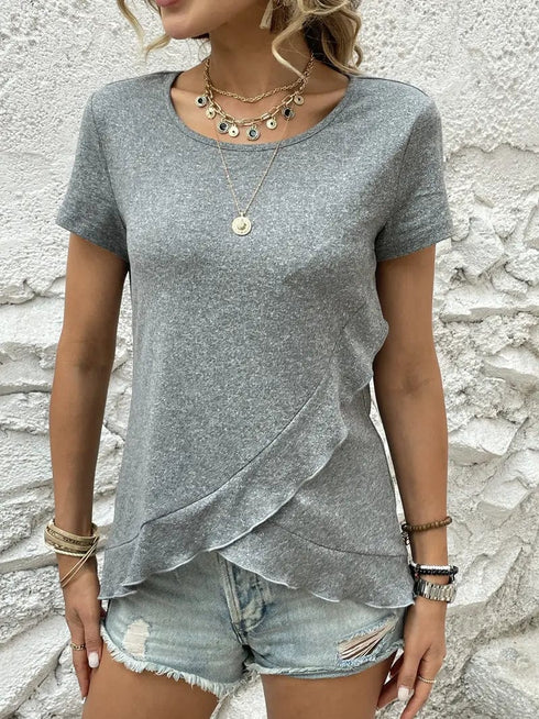 Ruffled Hem Tee with Crew Neck, Short Sleeves - Women's Casual Spring & Summer Top