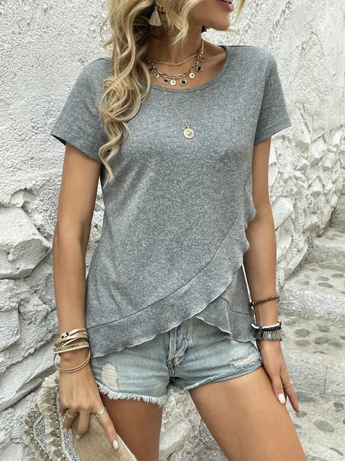 Ruffled Hem Tee with Crew Neck, Short Sleeves - Women's Casual Spring & Summer Top