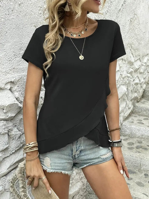 Ruffled Hem Tee with Crew Neck, Short Sleeves - Women's Casual Spring & Summer Top