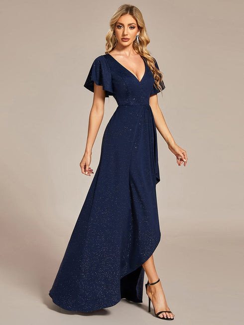 Ruffled Sleeve Tea Length Evening Dress with Side Split