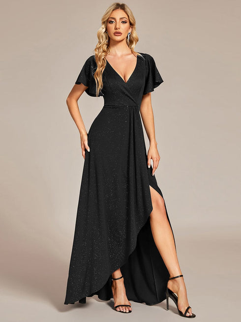 Ruffled Sleeve Tea Length Evening Dress with Side Split