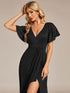 Ruffled Sleeve Tea Length Evening Dress with Side Split