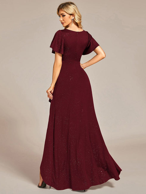 Ruffled Sleeve Tea Length Evening Dress with Side Split
